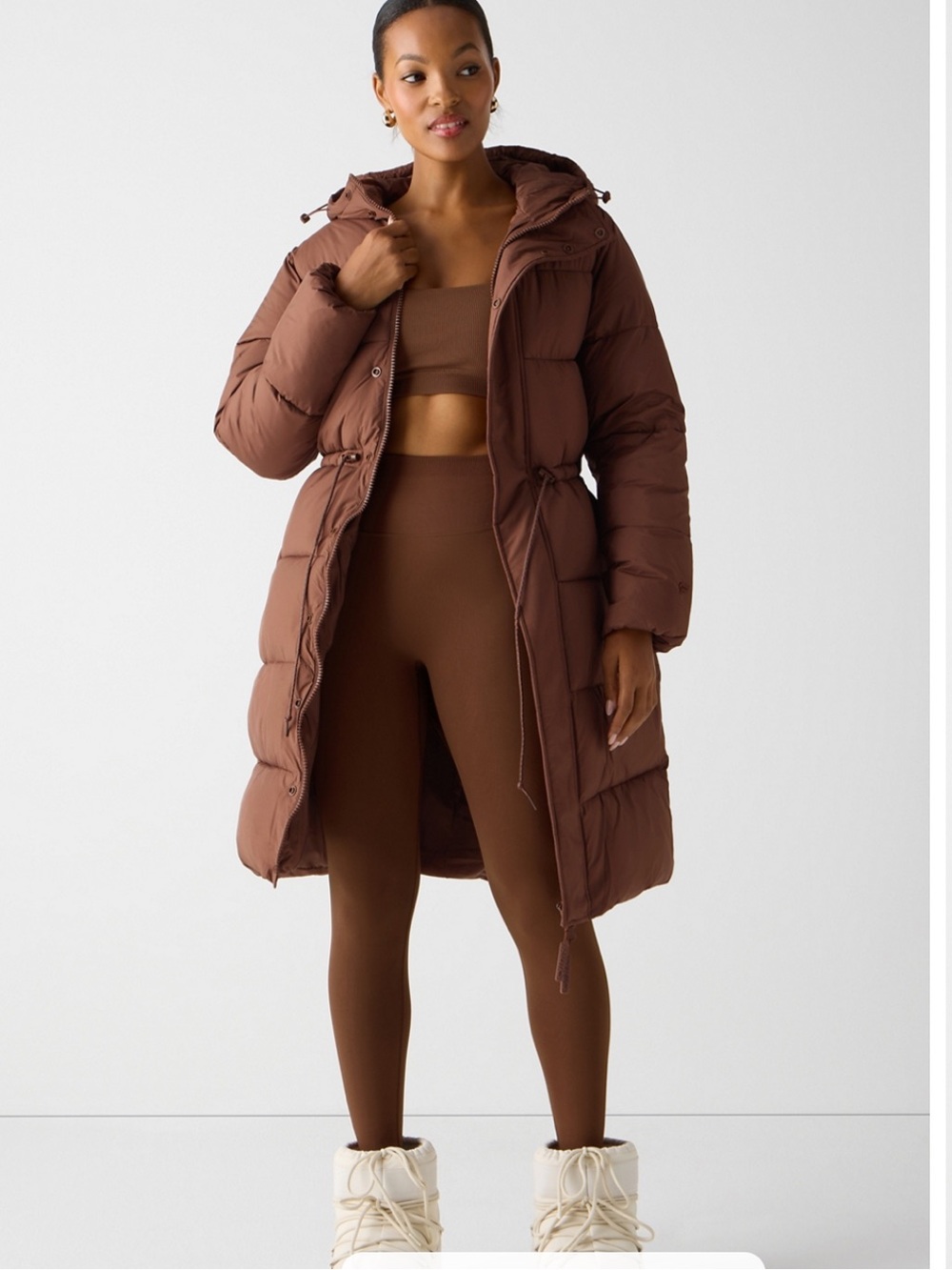 NEW Fabletics Essential Long Puffer Jacket Coat Outerwear Hazelnut Brown Small S